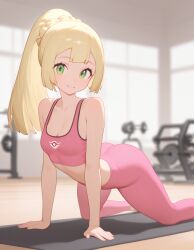 ai_generated blonde_female flat_chest focus_on_chest green_eyes gym_clothes heavenly_body leggings lillie_(pokemon) long_hair pokemon ponytail sexy_body slutty_female yoga_pose
