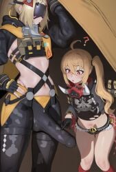 1futa 1girls ? ai ai_assisted ai_generated asura_af bent_over big_penis bulge curious erection erection_under_clothes full-package_futa futa_on_female futanari height_difference hoyoverse huge_cock huge_penis looking_down luciana_de_montefio lucy_(zenless_zone_zero) penis_under_clothes poking_penis question_mark standing trigger_(zenless_zone_zero) zenless_zone_zero