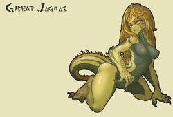 black_skin breasts character_name female female great_jagras kneeling long_hair monster_girl monster_hunter monster_hunter:_world muhut nipples nude personification pussy solo tail two-tone_skin uncensored yellow_eyes yellow_skin