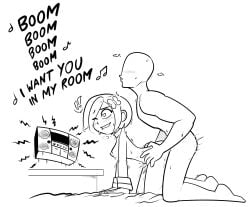 1boy 1boy1girl 1girls bed black_and_white boombox butterfly_(planetronika) butterfly_hair_ornament choker doggy_style doggystyle drawfag english_text female hairclip heart heart-shaped_pupils heart_symbol line_art male nipples nude nude_female nude_male planetronika sex short_hair sweat sweatdrop sweating thrusting