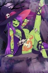 breasts cleavage female female_only green_skin looking_at_viewer merunyaa monster_girl pointy_ears purple_hair skela_the_witch solo tattoo zombie