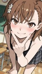 brokewyt ai_generated ai-generated uncensored misaka_mikoto toaru_kagaku_no_railgun 1girl solo breasts looking_at_viewer blush smile short_hair bangs skirt brown_hair hair_ornament bare_shoulders brown_eyes closed_mouth underwear flower pleated_skirt small_breasts indoors hair_flower bra blurry plaid v leaning_forward blurry_background plaid_skirt black_bra grey_skirt clock classroom chalkboard