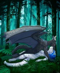 ambiguous_penetration anthro ass blue_hair breasts dragon female forest hair horn kynikos lying male missionary_position nature nipples on_back outside penetration rineka ristal_(stiban) romantic scalie scar sex straight tasteful tree wings