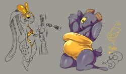 2girls anthro belly bunny bunny_girl chubby chubby_female curvy female furry furry_female gold_bikini gold_eyeshadow gold_one-piece_swimsuit golden_week goldie_(momokattlewds) gun huge_breasts looking_at_viewer momokattlewds plump puppet rapdosmemes sheep sheep_girl shotgun silly sketch small_breasts thick_thighs