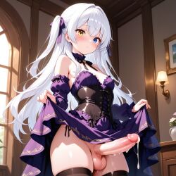 ai_generated lapis_rosenberg eiyuu_densetsu pale_skin pale-skinned_futa solo_futa futanari futa_only 1futa small_breasts mostly_clothed large_penis erection erection_under_skirt skirt skirt_lift thighhighs long_hair white_hair heterochromia yellow_eyes blue_eyes blush corset dripping_cum leaking_cum detached_sleeves cleavage