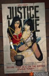 2girls alx_(fuckit) black_hair dc dc_comics diana_prince female female_only fishnets justice_league lasso_of_truth looking_at_viewer magician poster recruitment_poster skirt suit superhero_costume text tiara top_hat wonder_woman writing_on_body zatanna zatanna_zatara
