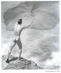 1949 1boy ass back_view dated fisherman gay george_quaintance male male_only monochrome muscular nude original solo traditional_media