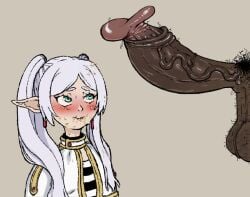 1boy 1girls cleaning cock_worship dark-skinned_male dark_skin dark_skinned_male dirty earrings elf elf_female embarrassed frieren frieren_beyond_journey's_end gulp hairy hairy_male kotaro_(artist) precum precum_drip presenting_penis shiny_cock smegma smegma_cleaning_(oral) smegma_in_mouth