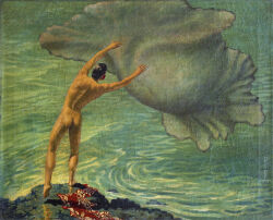 1940 1boy ass back_view black_hair dated fisherman gay george_quaintance male male_only nude original solo traditional_media