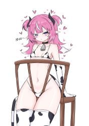 bell bikini camila_(vtuber) chair collar cow_print cow_print_bikini cowbell indie_virtual_youtuber pink_hair szpecter virtual_youtuber vtuber