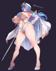 1girl absurdres bikini blue_bikini blue_eyes blue_hair breasts female female_only full_body gloves hair_intakes hand_on_own_hip hat helm_(nikke) high_heels highres holding holding_sword holding_weapon housou-kun large_breasts light_areolae long_hair military_hat naval_jacket solo swimsuit sword weapon white_gloves