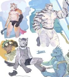 4boys abs arknights bai_chuan_ye_ye bara biceps black_male_underwear bulge claws closed_mouth commentary_request controller dated erection erection_under_clothes ethan_(arknights) furry furry_male game_controller grey_shirt highres holding holding_lead_pipe hung_(arknights) hyena_boy infection_monitor_(arknights) komainu_boy lead_pipe looking_at_viewer looking_to_the_side male_focus male_underwear mountain_(arknights) multiple_boys muscular muscular_male navel pawpads pectorals reptile_boy shirt signature skybox_(arknights) smile spot_(arknights) tiger_boy topless_male underwear white_male_underwear