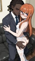 brokewyt ai_generated ai-generated uncensored sakura_futaba persona persona_5 1girl long_hair breasts looking_at_viewer blush bangs black_hair thighhighs 1boy closed_mouth underwear standing purple_eyes panties jacket ass hetero small_breasts necktie glasses choker indoors dark_skin blunt_bangs bra orange_hair white_panties white_thighhighs black_jacket formal dark-skinned_male suit white_bra garter_belt thong black-framed_eyewear ass_grab interracial