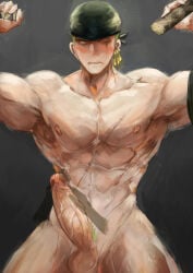 frown frowning blushing embarrassed haimanga one_piece sword swords swordsman holding_sword bandana bandana_on_head pecs pectorals abs six_pack biceps triceps post-timeskip roronoa_zoro barazoku bara bara_tits bara_tiddies 1boy male male_only male_focus manly masculine_male gay yaoi muscular muscular_male muscles defined_muscles hunk beefy tough_guy bigger_male larger_male broad_shoulders scars scar scar_on_face scar_across_eye scar_on_chest green_hair japanese_male pirate earrings 1other masturbating masturbation masturbating_other questionable_consent holding_penis nude nude_male naked naked_male completely_nude completely_naked pubic_hair green_pubic_hair penis big_penis long_penis girthy_penis big_dick_energy huge_cock balls foreskin_pull retracted_foreskin uncut uncircumcised looking_at_viewer pretending_not_to_like_it cute_face veiny veiny_penis veins