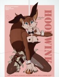 hoodwink_(dota) artist:conoreika squirrel anthro furry anthro_only furry_only furry_female furry_tail furry_ears furry_breasts bunny_ears bunny_suit valve dota_2 text blue_eyes brown_hair tail woman woman_only woman_solo