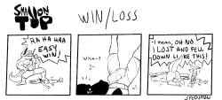 2boys anthro bulge bulge_under_clothes comic dialogue english_text gay male male/male male_only muscular muscular_male pants partially_clothed presenting rabbit scalie size_difference small_dom_big_sub small_on_top smaller_male spedumon teasing text