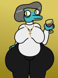 1female 2026 anthro big_breasts blue_body blue_scales breasts clothed cringebird cross_necklace female front_view furry furry_only gecko looking_at_viewer milf nora_household_(swan_boy) pants scalie suggestive swan_boy_(series) tagme thick_thighs turtleneck turtleneck_sweater wine wine_glass