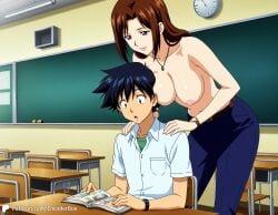 1boy 1girls ai_generated book breasts breasts_on_head casual casual_nudity chalkboard classroom encoder female hanging_breasts indoors leaning_forward leaning_on_person male nipples no_bra pants public public_exposure public_nudity school school_desk school_uniform standing teacher teacher_and_student teacher_female topless