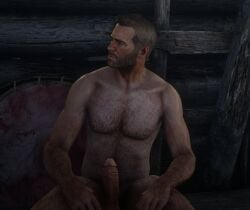 arthur_morgan nude_mod game_mod rockstar_games screenshot hairy_male male_focus male_ass solo back_view penis erection beard mature_male red_dead_redemption_2 shuajo25 sitting seated