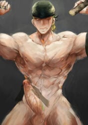 haimanga one_piece sword swords swordsman holding_sword bandana bandana_on_head pecs pectorals abs six_pack biceps triceps post-timeskip roronoa_zoro barazoku bara bara_tits bara_tiddies 1boy male male_only male_focus manly masculine_male gay yaoi muscular muscular_male muscles defined_muscles hunk beefy tough_guy bigger_male larger_male broad_shoulders scars scar scar_on_face scar_across_eye scar_on_chest green_hair japanese_male pirate earrings 1other masturbating masturbation masturbating_other questionable_consent holding_penis nude nude_male naked naked_male completely_nude completely_naked pubic_hair green_pubic_hair penis big_penis long_penis girthy_penis big_dick_energy huge_cock balls foreskin_pull retracted_foreskin uncut uncircumcised surprised_expression looking_at_penis veiny veiny_penis veins