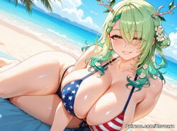 1girl ai_generated american_flag_bikini beach big_breasts breasts_bigger_than_head ceres_fauna female green_hair hololive hololive_english mature_female revoaru thick_thighs thighs virtual_youtuber