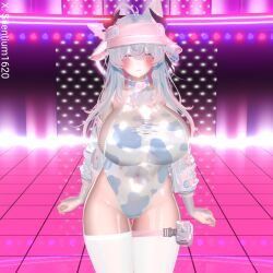 1girls 3d big_breasts blush breasts choker cow_bell cow_ears cow_horns cow_print female fingerless_gloves gloves horns jacket large_breasts leg_belt leotard looking_at_viewer name_tag one-piece_swimsuit pins silentium1620 silya tagme thighhighs visor vrchat vrchat_avatar