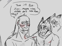 2025 2boys after_sex bite_mark blush blush_lines blushing cecil_stedman embarrassed english english_text facial_hair floatingtophats fox fox_ears hair invincible invincible_(comics) invincible_(tv_series) looking_at_partner male male/male male_only mature mature_male no_visible_genitalia open_eyes open_mouth original_character scar scars simple_background sweat sweatdrop sweating teeth teeth_showing teeth_visible text text_bubble white_hair