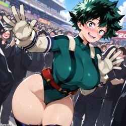 (titancore) after_transformation ai_generated anime anime_girl anime_show big_breasts blushing crowd curvy_figure deku female female_deku gender_transformation girl green_hair happy hero izuku_midoriya midoriya_izuku my_hero_academia rule_63 thick_thighs transformation