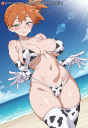 1girl cow_print misty_(pokemon) breasts solo orange_hair animal_print swimsuit thighhighs bikini outdoors day beach gloves side_ponytail navel large_breasts blush elbow_gloves sky ocean sweat looking_at_viewer smile green_eyes short_hair tongue blue_sky alternate_breast_size cloud closed_mouth tongue_out thighs collarbone white_thighhighs white_gloves strap_pull clothes_pull sand pulled_by_self bikini_pull dutch_angle cameltoe standing bangs skindentation artmochiia ai_generated pokemon pokemon_(classic_anime) pokemon_(anime) pokemon_(game)