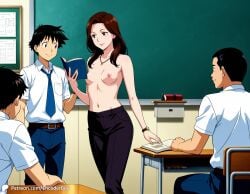 1girls 3boys ai_generated book breasts casual casual_nudity chalkboard classroom encoder female holding indoors male nipples no_bra pants public public_exposure public_nudity school school_desk school_uniform standing table teacher teacher_and_student teacher_female topless