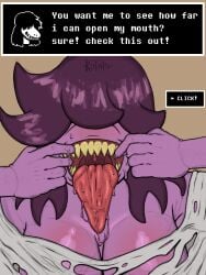 2025 2d anthro blindfold blindfolded creepshot deltarune dialogue dialogue_box dinosaur female female_only furry kotaro_(artist) kris_(deltarune) mawshot oblivious open_mouth ripped_clothing saliva sharp_teeth susie_(deltarune) sweat taking_picture unaware wet