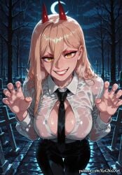 1girl 2026 ai_generated alternate_breast_size anime bangs bare_tree between_breasts black_necktie black_pants blonde_hair boobs breasts chainsaw_man claw_pose cleavage collared_shirt covered_nipples cowboy_shot crescent_moon cross-shaped_pupils crossover demon_horns dress_shirt eye_contact female female_focus fingernails grave graveyard grin hair_between_eyes hands_up highres horns huge_breasts large_breasts leaning_forward long_hair long_sleeves looking_at_viewer makeup moon necktie necktie_between_breasts night night_sky no_bra nsfw open_clothes outdoors pants patreon patreon_username power_(chainsaw_man) red_horns rognezart see-through sharp_teeth shirt sky smile smiling solo symbol-shaped_pupils teeth thigh_gap tombstone tree unbuttoned v-shaped_eyebrows very_long_hair watermark web_address wet wet_clothes wet_hair wet_shirt white_shirt wing_collar yellow_eyes