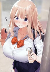 1girls absurdres anpan backpack bag black_skirt blonde_hair blue_eyes blue_skirt blush bow bowtie bra_visible_through_clothes bralines bread breasts bursting_breasts button_gap can canned_coffee chewing cleavage closed_mouth collarbone cowboy_shot curvy drink_can eating embarrassed food food_on_face highres holding holding_can holding_food huge_breasts kaisen_chuui lamppost lips long_hair looking_at_viewer medium_hair miniskirt non-web_source original outdoors page_number photoshop_(medium) purple_eyes red_bow red_bowtie scan school_bag school_uniform shirt skirt solo standing surprised taut_clothes taut_shirt undersized_clothes utility_pole v-shaped_eyebrows white_shirt