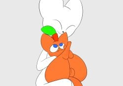 absurd_res alpog21_(artist) anthro blue_eyes butt domestic_cat duo felid feline felis female feral genitals green_nose happy hi_res holding_(disambiguation) leaf looking_up male mammal on_lap orange_body orange_butt orange_legs orange_paws orange_tail plump_labia sitting_on_lap tail trod vulva