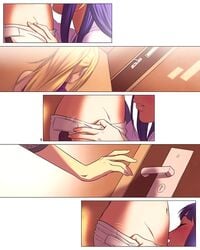 3girls belly blonde_hair comic dark_blue_hair door female female_only hyuuga_hinata ino_yamanaka multiple_girls naruto naruto_shippuden sakura_haruno slj yuri