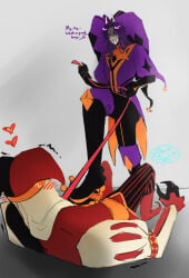 dominant_male jester_(the_freak_circus) jestyn kingdom_of_marionettes leash_and_collar leash_pull leashed_male lying_on_back norskcookie stepped_on submissive_male the_freak_circus
