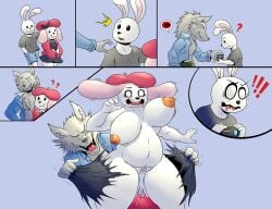 anthro assisted_exposure beret big_breasts breasts camera canid canine canis clothing comic female genitals group hat headgear headwear lagomorph leporid male male/female mammal nipples public public_exposure rabbit ripping_clothing rosianna_rabbit shocked slightly_chubby slightly_chubby_female surprised torn_clothing trio undressing unknown_artist vulva white_body wolf