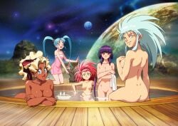 5girls ass ayeka_masaki_jurai back_view breasts butt butt_crack casual_nudity cleavage female female_only hot_spring looking_at_viewer mihoshi_kuramitsu nipples ryo-ohki ryoko_hakubi sasami_masaki_jurai space_background tenchi_muyo! washu_hakubi