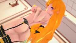 1girls 3d ass big_ass big_breasts blonde_hair blush bottomless bra breasts busty covered_nipples erect_nipples_under_clothes fat_ass female female_only from_behind garter_straps half-closed_eyes hi_res large_breasts legs logang45 long_hair looking_at_viewer looking_back pose posing purple_eyes rwby seductive seductive_look seductive_smile sensual sexy sideboob smile solo sweat thighs yang_xiao_long