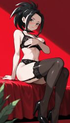 brokewyt ai_generated ai-generated uncensored momo_yaoyorozu boku_no_hero_academia 1girl solo long_hair breasts looking_at_viewer blush large_breasts black_hair thighhighs navel bare_shoulders sitting closed_mouth underwear collarbone panties full_body ponytail thighs choker black_thighhighs black_footwear bra black_eyes high_heels black_panties black_choker underwear_only lingerie black_bra covering lace_trim red_background forehead garter_belt covering_breasts hair_pulled_back yaoyorozu_momo