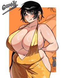 akira404040 chubby closed_mouth curvy female female_only gigantic_breasts gold_dress hyper licking_lips mole_under_breast mole_under_eyes original original_character plunging_neckline signature smile thick_thighs tummy twitter_username voluptuous wide_hips
