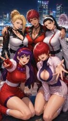 ai_generated aitomato2101 athena_asamiya big_breasts black_hair boob_window brown_eyes brown_hair busty chizuru_kagura dark_skin female female_focus hairband huge_breasts king_of_fighters light-skinned_female light_skin long_hair mature_(kof) red_hair shermie_(kof) short_hair skirt suit tan thick thick_thighs vice_(kof) voluptuous voluptuous_female