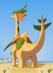 absurd_res animal_genitalia beach bluemeganium braloha_(pal) cloaca dinosaur eyelashes female female_only feral flower_on_body genitals hi_res leaf long_neck looking_at_viewer mouth_closed multicolored_body palworld plant pocketpair prehistoric_species quadruped reptile scalie smile solo tail tapering_tail white_sclera