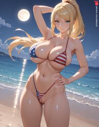 self_upload edosynf highres shiny shiny_skin shiny_hair samus_aran metroid 1girl solo solo_focus standing arm_behind_head hand_on_own_hip armpits bare_shoulders bikini thighs collarbone navel midriff stomach highleg highleg_bikini micro_bikini american_flag_bikini cleavage large_breasts huge_breasts breasts pussy vagina uncensored ass_visible_through_thighs legs_apart looking_at_viewer blue_eyes blonde_hair blonde ponytail floating_hair moon full_moon night night_sky beach ocean sky sea water sand wet hair_between_eyes sidelocks sexually_suggestive bikini_aside red_bikini blue_bikini smile closed_mouth big_breasts boobs tits big_boobs 1girls ai_generated 2026 female female_only