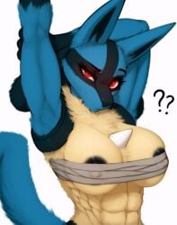 ai_generated nintendo pokemon canid canine generation_4_pokemon lucario mammal pokemon_(species) absurd_res furry half-length_portrait hi_res portrait abs anthro areola areola_slip big_breasts black_areola black_body black_fur black_inner_ear black_nipples blue_body blue_fur breasts chest_spike chest_tuft chest_wraps clothed clothing eyebrows eyelashes female fur glistening looking_at_viewer muscular muscular_anthro muscular_female nipple_outline nipples question_mark red_eyes simple_background solo spikes spikes_(anatomy) tail tuft white_background wraps yellow_body yellow_fur