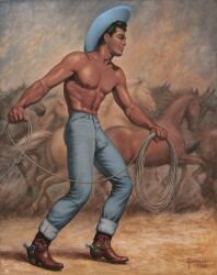 1955 1boy black_hair bulge cowboy cowboy_hat dated gay george_quaintance male male_only muscular nipples original shirtless solo tan_skin traditional_media