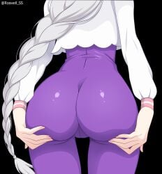 1girls ass_focus ass_grab back_view black_background braided_hair cameltoe elf elf_female emilia_(re:zero) female female_only jumpsuit large_ass re:zero_kara_hajimeru_isekai_seikatsu roswell-ss roswell_ss silver_hair skin_tight_suit solo thighs tight_clothing