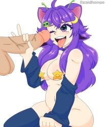 youtube youtuber hispanic vtuber mictia mictia00 breasts thighs dick tongue tongue_out one_eye_closed purple_hair female straight boobs smile