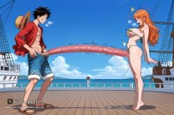 1boy 1girl ai_generated barefoot bikini black_hair blush breasts cloud day erection female from_side green_bikini hat heart hetero huge_penis large_breasts long_hair male monkey_d_luffy nami_(one_piece) one_piece open_clothes open_mouth open_shirt orange_hair outdoors penis sandals scar ship shirt shorts sky standing straw_hat swimsuit tiptoes villain_party69 watercraft