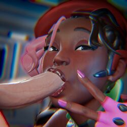 1boy 1girls 3d anonymous_male black_hair black_woman blowjob brown_eyes bubble clothed clothed_female_nude_male clothed_sex dark-skinned_female dark-skinned_sub dark_skin fellatio large_penis light-skinned_male light_skin long_hair long_nails looking_at_viewer overwatch peace_sign penis_in_mouth pink_hair pink_nails rougenine saliva saliva_bubble saliva_on_penis sierra_(overwatch)